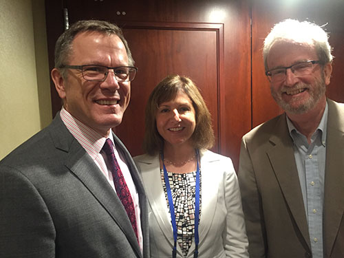 NIDA Deputy Director Wilson Compton, left, Society for Prevention Research (SPR) President Leslie D. Leve, and NIDA International Program Director Steven W. Gust at the 11th Annual NIDA International Poster Session at the 2018 SPR meeting