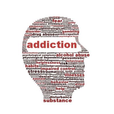 Addiction word cloud in the shape of a person's profile. 