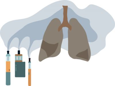 illustration of vaping devices releasing grey vapor into lungs. 