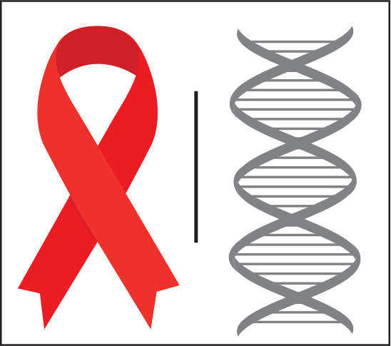 Red ribbon to represent HIV/AIDResearch and a DNA molecule to represent Genetics or Epigenetics research
