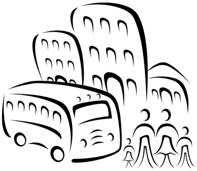 Illustration of School Bus and Buildings
