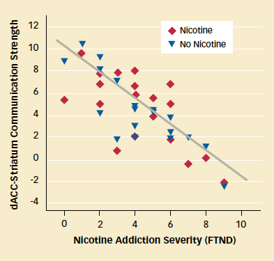A scatterplot shows the strength of functional connectivity in the circuit between the dorsal anterior cingulate cortex and the striatum as a function of nicotine addiction severity, as measured by the Fagerström test. Two sets of points