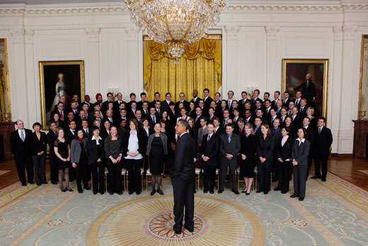 President Barack Obama talks with recipients of the Presidential Early Career Awards for Scientists and Engineers (PECASE) before a group photo in the East Room of the White House