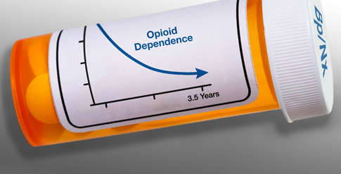 A pill bottle with a graph on the label showing that opioid dependence has dropped significantly
