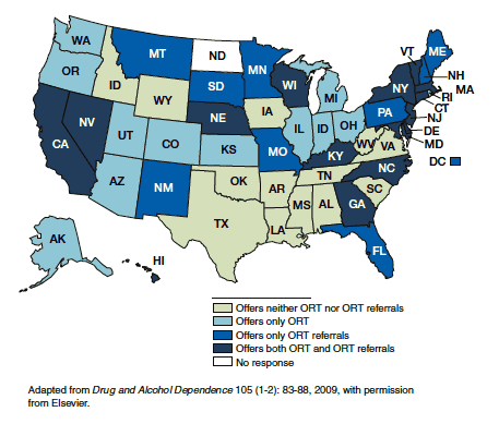 U.S. map which illustrates whether states offer opioid replacement therapy