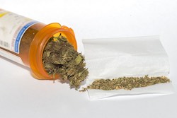 Photo of marijuana spilling out of a prescription bottle onto a rolling paper