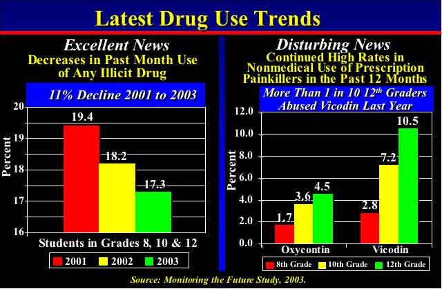 slide showing decrease in past month drug use of any drug, and also increase in use of Oxycontin and Vicodin over last year - in text