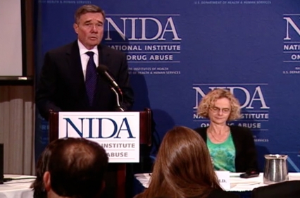 ONDCP Director R. Gil Kerlikowske takes a question from a reporter. Seated beside him is NIDA Director Nora D. Volkow, M.D.