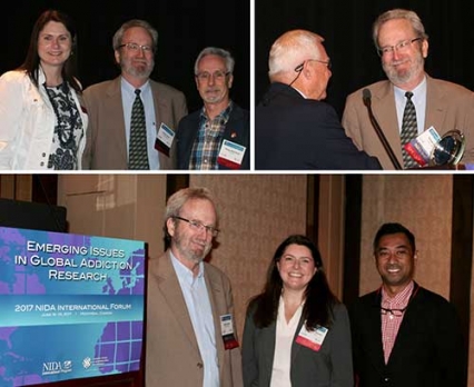 Scenes from the 2017 NIDA International Forum, from top left: Plenary session speakers Amy Porath, CCSA, NIDA International Program Director Steve Gust, and Doug Beirness, CCSA; CPDD International Committee Chair Clyde McCoy presents an award from the committee to Dr. Gust; and Dr. Gust with Charlotte Sessions, U.S. Department of State, and Riva Setiawan, ISSUP.