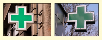 Two pictures of green crosses, which delineate medical marijuana dispensaries.