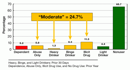 A bar graph shows that about 25 percent of 12-18-years olds may abuse drugs, drink heavily, or drink in binges.  About 5 percent were physically dependent, and two-thirds non-users. 