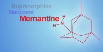 Schematic of memantine with accompanying words buprenorphine, naloxone, and memantine